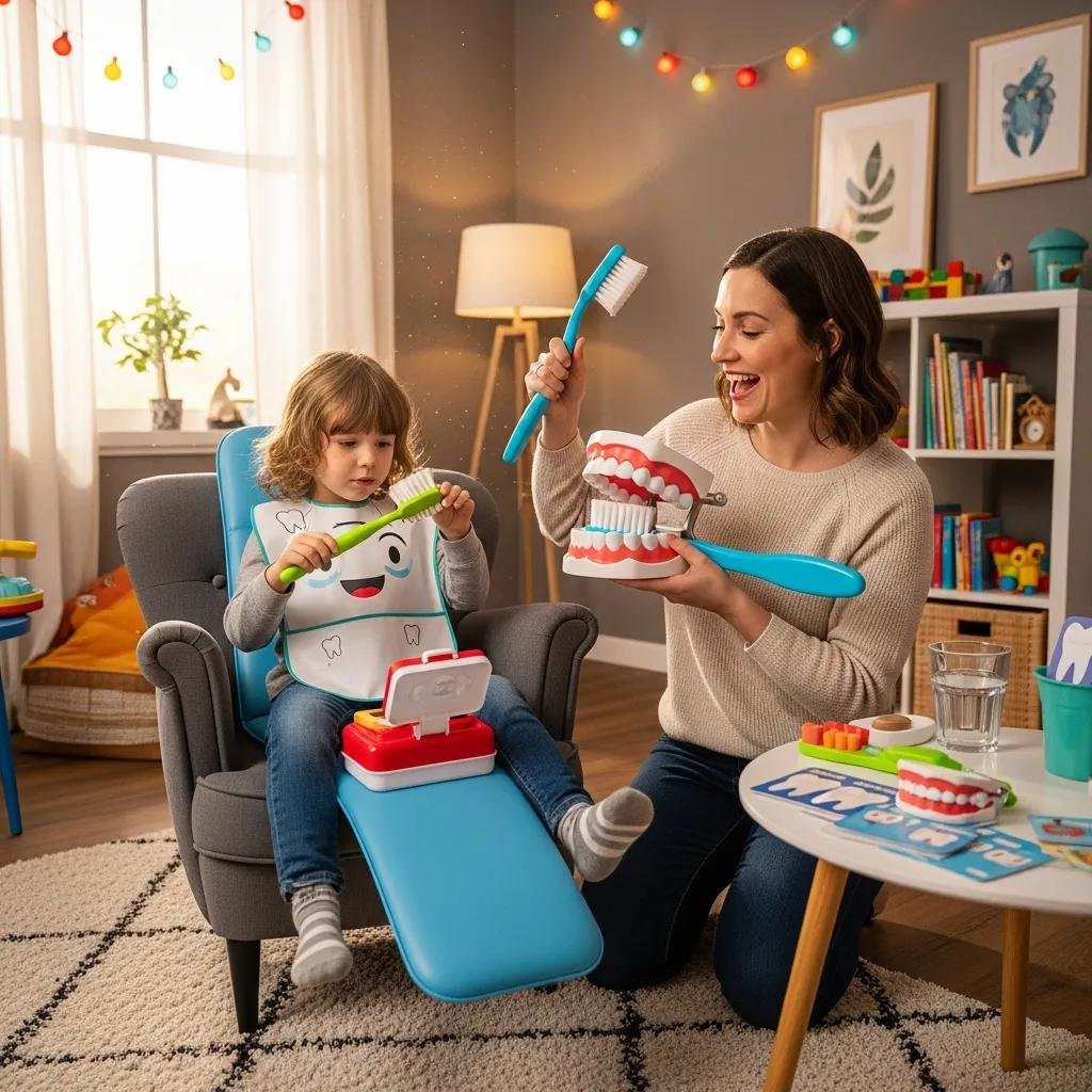 Parent and child role-playing a dental visit at home with a toy dental kit