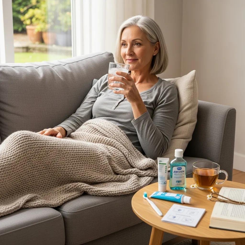 Patient recovering at home after All-on-4 implant surgery, emphasizing comfort and aftercare
