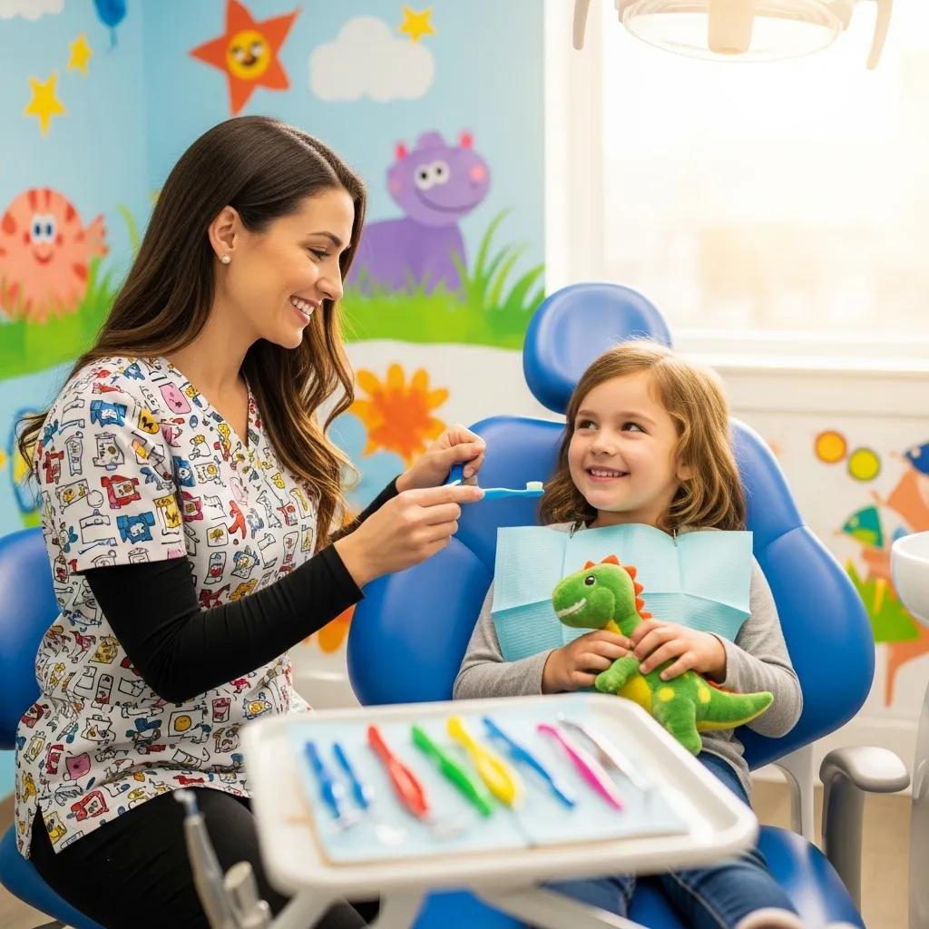 Pediatric dental checkup with a smiling child and friendly dentist in a colorful dental office