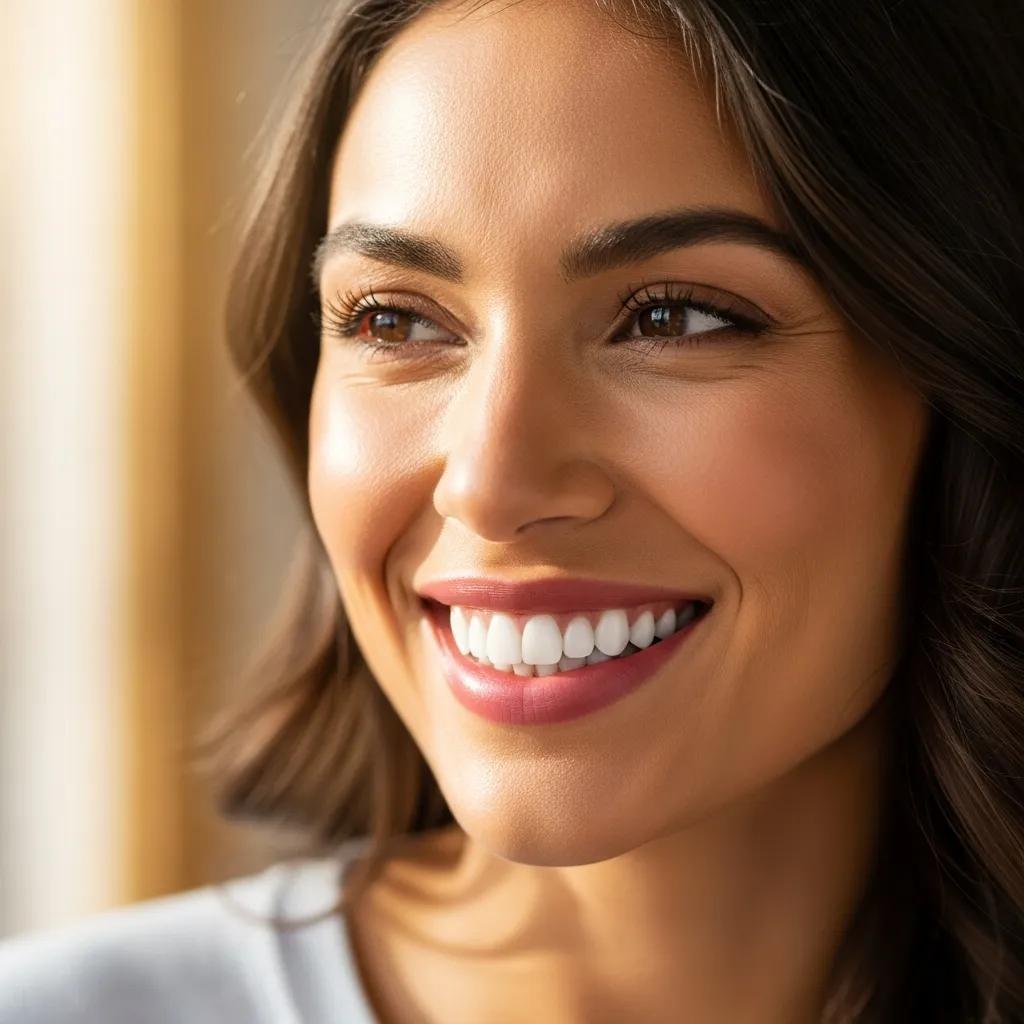 Smiling person with perfect teeth highlighting the benefits of fixed dental bridges