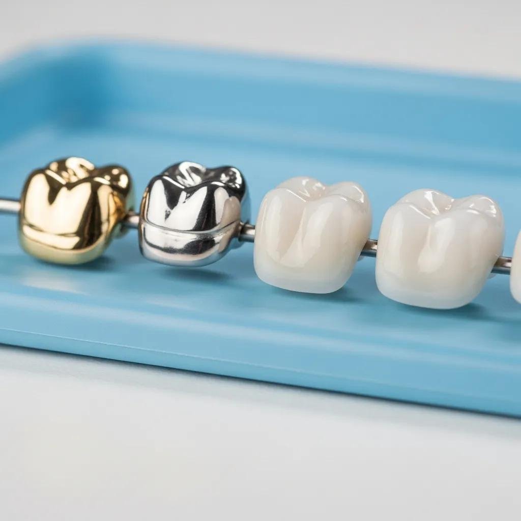 Variety of custom dental crowns displayed on a dental tray